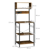 HOMCOM Scaffale Cucina con Multipresa, Ripiani e Ganci Stile Industriale, 60x42x153cm, Marrone(m-3)