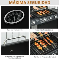 Outsunny Barbacoa de Gas BBQ con 3+1 Quemadores 11,6 KW 2 Mesas Laterales Armario de 2 Puertas Termómetro y 2 Ruedas Acero Inoxidable 110x50x100 cm Negro(m-5)