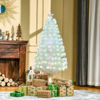 HOMCOM 5 Feet Prelit Artificial Christmas Tree with Fiber Optic LED Light, Holiday Home Xmas Decoration, White(m-2)