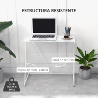 HOMCOM Escritorio Mesa de Ordenador 80x50x75 cm con Encimera de Vidrio Templado y Patas de Metal Carga 80 kg Estilo Moderno para Oficina Estudio Dormitorio Blanco(m-4)