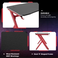 HOMCOM RGB Gaming Desk Computer Table Metal Frame with LED Light, Cup Holder, Headphone Hook, Cable Hole, Red(m-8)