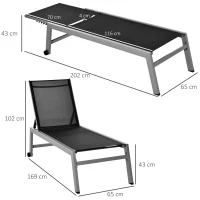 Outsunny Sonnenliege, Gartenliege, 5-stufige Rückenlehne, Aluminium, Schwarz, 202 x 65 x 43 cm(m-3)