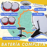 AIYAPLAY Batería para Niños de +3 Años con Tambores Bombo Platillo Pedal y Baquetas 68,5x37x84 cm Rojo(m-4)