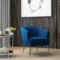 HOMCOM Fauteuil en velours chaise salon avec pieds acier doré fauteuil relax de salon arrondi 71 x 72 x 75 cm bleu(m-2)