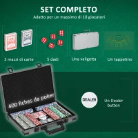 SPORTNOW Set da Poker per 10 Giocatori con 400 Fiches, 2 Mazzi di Carte, 5 Dadi, Tappetino e Valigetta Grigia(m-4)