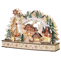 HOMCOM Weihnachtsdorf im Winterwunderland, 20 LED-Lichter, mehrschichtig, Naturholz, 45 x 12 x 30 cm