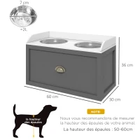 PawHut Gamelle double chien chat - porte-gamelles surélevé rangement 2 en 1 - tiroir, 2 gamelles - acier inox. MDF blanc gris(m-3)