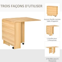 HOMCOM Table pliante de cuisine salle à manger amovible sur roulettes 80L x 140l x 74H cm 2 étagères intégrées en bois coloris bois naturel(m-4)