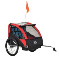 HOMCOM Child Bike Trailer Foldable 2-Seat Baby Transport Carrier with Storage Bag Five-point Safety Harness Hitch Coupler Red(m-1)
