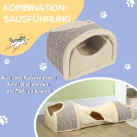 PawHut Katzentunnel mit 3 Öffnungen, plüschig, Sisal-Kratzseil, 107x38x29 cm, Beige/Grau(m-4)