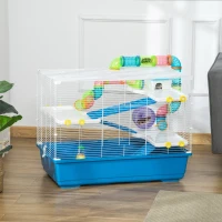 PawHut Jaula para Hámster Grande 79x46x60 cm Casa para Hámster con 3 Plataformas Tubos Comedero Bebedero 3 Rampas Rueda de Ejercicio y 2 Asas Portátiles Azul y Blanco(m-2)