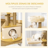 PawHut Árbol Rascador para Gatos Ø60x99 cm con Cueva Triangular de Fieltro Extraíble Hamaca Cama Lavable Postes Rascador de Yute Plataformas y Bola Colgante Beige y Natural(m-7)