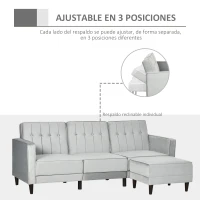 HOMCOM Sofá Cama con Chaise Longue de 3 Plazas Tacto aterciopelado con Respaldo Ajustable 218x85x86 cm Gris(m-6)