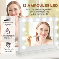 HOMCOM Miroir maquillage Hollywood lumineux 12 LED tactile - luminosité réglable, fonction mémoire - métal MDF blanc verre(m-4)