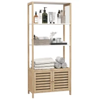 HOMCOM Estantería de Baño de Bambú con 3 Estantes Abiertos Puertas de Lamas 63x30x138 cm Natural y Blanco(m-10)