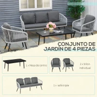 Outsunny Conjunto de Muebles de Ratán y Aluminio Juego de Muebles de Jardín 4 Piezas Mesa de Café Sofá de 3 Plazas y 2 Sillones con Cojines para Terraza Exterior Gris(m-5)