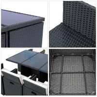 Outsunny Ensemble salon de jardin encastrable 10 places 6 fauteuils monoblocs 4 tabourets coussins déhoussables crème table plateau verre trempé résine tressée 4 fils noire(m-4)