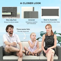 Outsunny 3 Seater Rattan Sofa All-Weather Wicker Weave Metal Frame Chair with Fire Resistant Cushio-Cream(m-6)