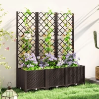 Outsunny Raised Garden Bed with Trellis, Plastic Planter Box with Drainage Holes, Drain Plugs and Water Reservoirs for Climbing Plants, Vegetables, Flowers, Brown(m-2)