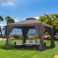 Outsunny 3 x 3 m Garden Gazebo Double Roof Marquee Patio Wedding Party Tent Canopy Shelter with Sidewalls (Brown)(m-10)