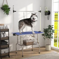 PawHut 42" Dog Grooming Table, Adjustable Pet Cat Drying Beauty Table with 2 Loops Storage Basket, Rubber Top, Blue(m-10)