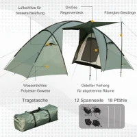 Outsunny Familienzelt Campingzelt 4-5 Personen Großer Stauraum Wasserdicht WS 2000mm mit Dach Grün(m-7)