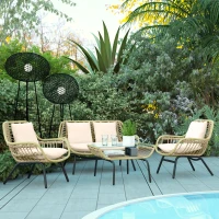 Outsunny Set da Giardino 4 Pezzi in Rattan PE e Metallo con Divanetto, 2 Sedie e Tavolino da Caffè, Beige(m-2)