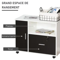 HOMCOM support d'imprimante organiseur bureau caisson placard porte, niche, tiroir verrouillable + grand plateau panneaux particules noir blanc(m-5)