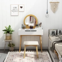 HOMCOM Dressing Table & Stool Set w/ Drawers Mirror Modern Elegant Vanity Makeup Padded Seat Home Bedroom Beauty Furniture Natural Brown(m-5)