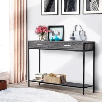 HOMCOM Console Table Worktop Bottom Shelf Home Two Drawer Industrial Minimal Style Grey Wood Tone Effect(m-2)