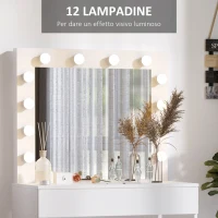 HOMCOM Set Tavolo da Trucco Toeletta con Specchio, 12 Luci LED, Sgabello Imbottito e Ampio Cassetto in Legno, 80x40x140 cm, Bianco(m-5)