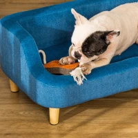 PawHut Sofá para Mascotas Tapizado en Terciopelo Sofá Cama para Perros Gatos Medianos Pequeños Acolchado Grueso con Cojín Extraíble Lavable y Patas de Madera 70x40x31 cm Azul(m-8)