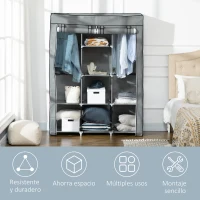 HOMCOM Armario de Tela Plegable Ropero Portátil con 8 Estantes y 2 Barras de Colgar para Dormitorio 125x43x162,5 cm Gris(m-6)