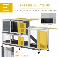 PawHut Clapier intérieur bois avec roulettes 2 étages rampes - dim. 147L x 45,5l x 88,5H cm - gris et blanc(m-5)