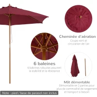 Outsunny Parasol de Jardin en  Bois Rouge Ø2.5 m x 2.25 m(m-4)