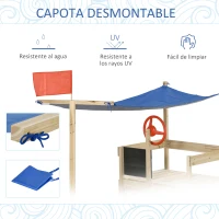 Outsunny Arenero Infantil de Madera Cajón de Arena de Jardín Diseño de Galeón con Vela Toldo Pizarra Bandera Roja y Timón para Niños de +3 Años 180x91,5x144 cm Natural(m-7)