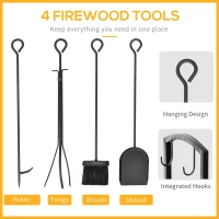 Outsunny Metal Firewood Log Holder 2 Layer Firewood Rack Indoor Outdoor Fireplace Wood Storage Shelf with 4 Tools and Hooks, Black, 40L x 30W x 74.5H cm(m-5)