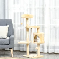 PawHut Cat Tree for Indoor Cats Pet Activity Centre Kitty Condo Climbing Scratching Post with Toys 4-tier 114cm Tall Beige(m-2)