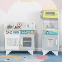 HOMCOM Two Kids Wooden Toy Kitchen Play Cooking Set Pretend Role Playset, with  Sink, Telephone, Storage Basket, for 3-6 Years Old(m-10)