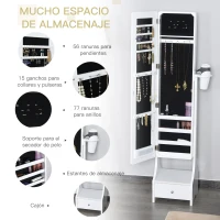 HOMCOM Armario para Joyas con Espejo de Cuerpo Entero Ángulo Ajustable con Cajón y Colgador para Secador 37x30x158 cm Blanco(m-5)