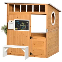 Outsunny Casetta per Bambini in Legno da Esterno con Porta, Finestre, Panca, Portavasi 122x108x135.5cm Gialla(m-7)