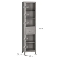kleankin Columna de Baño Armario Alto con 1 Cajón y Estantes Abiertos Mueble Auxiliar de Almacenaje 42x30x170 cm Gris(m-3)
