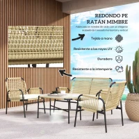 Outsunny Conjunto de Jardín de Ratán Sintético con 2 Sillones 1 Sofá de 2 Plazas 1 Mesa de Centro con Cojines Natural y Negro(m-4)