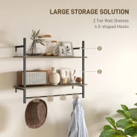 HOMCOM Wall Mounted Floating Shelves with 4 Hooks, Rustic Wall Shelf Unit for Living Room, Entryway, Grey(m-4)