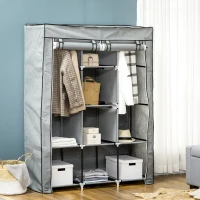 HOMCOM Armario de Tela Plegable Ropero Portátil con 8 Estantes y 2 Barras de Colgar para Dormitorio 125x43x162,5 cm Gris(m-2)