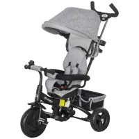 HOMCOM 6-in-1 Kinderdreirad mit Schiebestange, Dach, Gurt, Ablagekorb, für 1-5 Jahre, Grau(m-1)