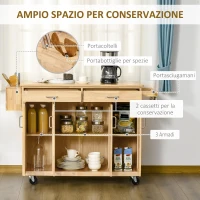 HOMCOM Carrello da Cucina in Legno con Cassetto, Armadietto e Ruote, 136x47x91,5cm(m-4)