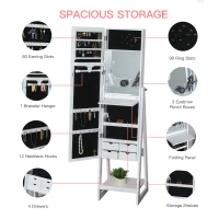 HOMCOM Jewellery Cabinet, Standing Mirror with LED Lights, Full-Length Mirror with Storage Drawers, Hooks and Shelves, Make-Up Armoire, Jewellery Organiser for Bedroom, White(m-6)