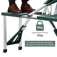 Outsunny Mesa Maleta de Camping Plegable Portátil 4 Asientos y Agujero Sombrilla Estructura Aluminio Playa Picnic 135.5x84.5x66cm (Verde)(m-5)