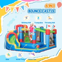 Outsunny 6 in 1 Kids Bouncy Castle, with Water Slide, Water Gun, Climbing Wall, Air Blower for Indoors/Outdoors, 3.9 x 3 x 2m(m-4)